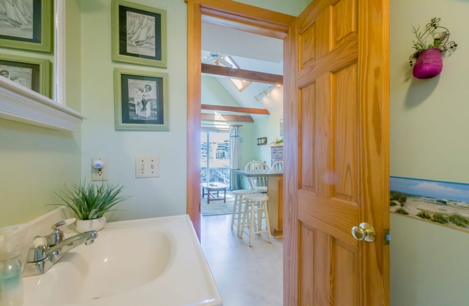 View from bathroom into kitchen