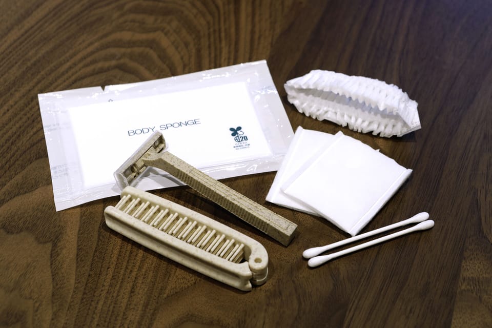 Combined shower/tub, free toiletries, hair dryer, slippers