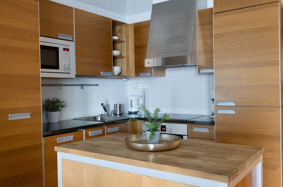 Deluxe Apartment | Private kitchen | Fridge, microwave, oven, stovetop