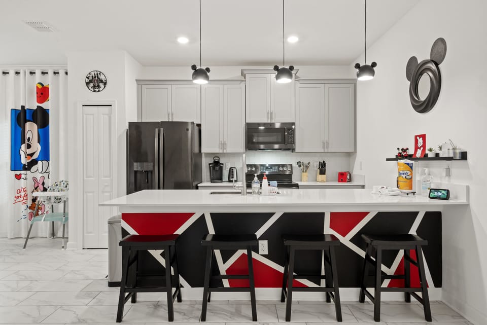 Large stocked kitchen with an open space.