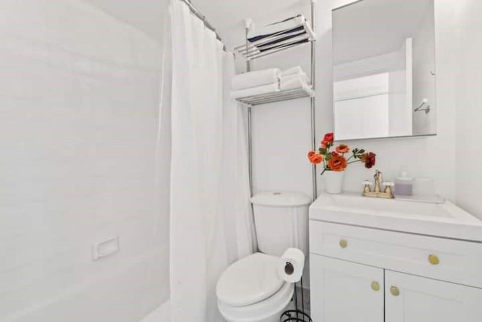 Bathroom vanity and shower curtain