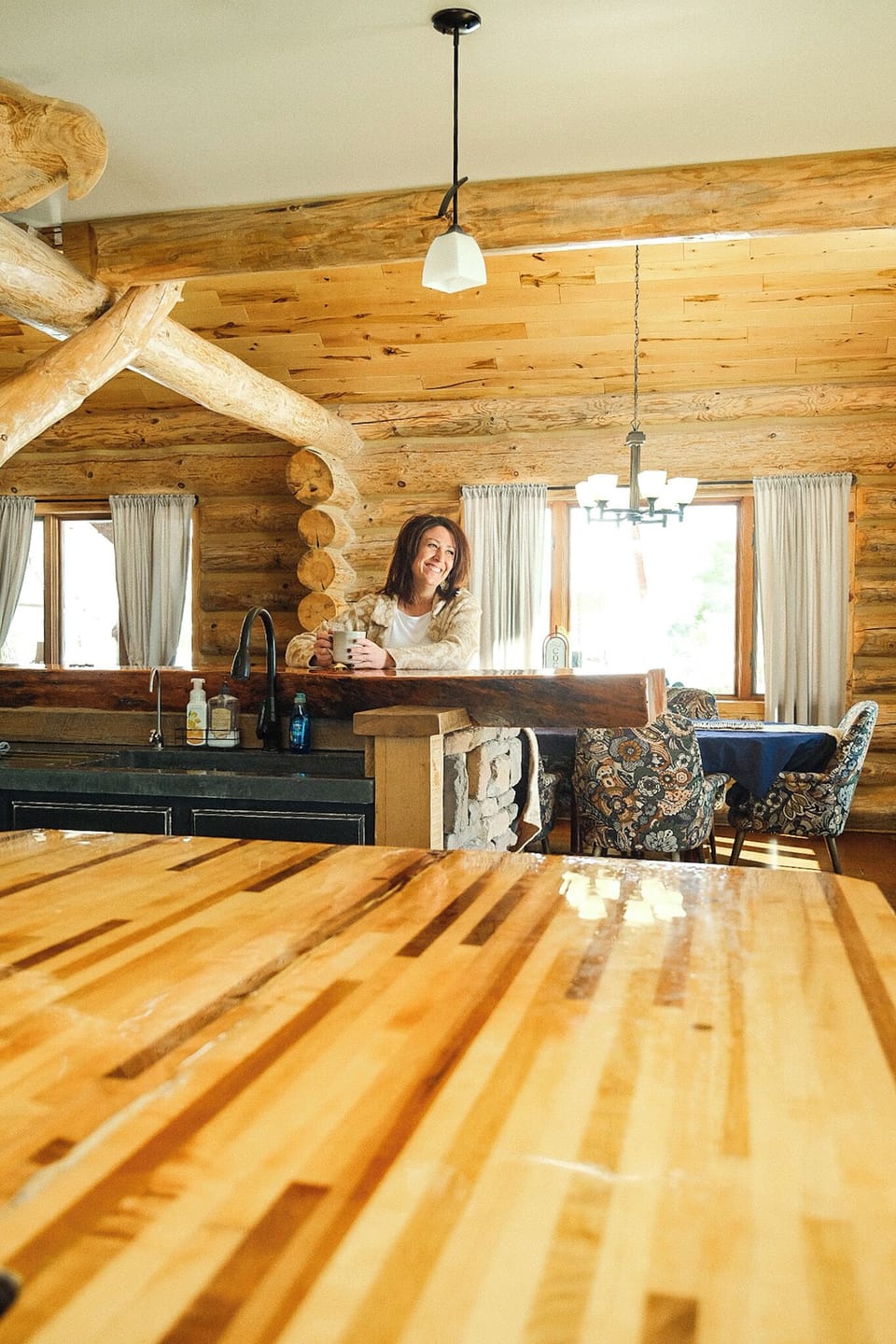 Kitchen and dining space with beautiful natural wood details
