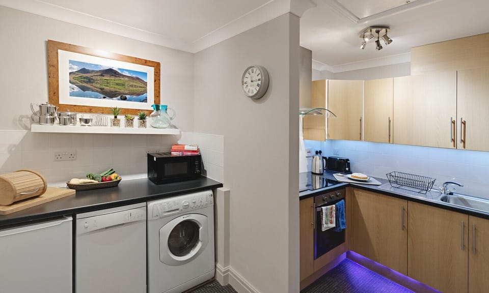 Fridge, dishwasher, cookware/dishes/utensils