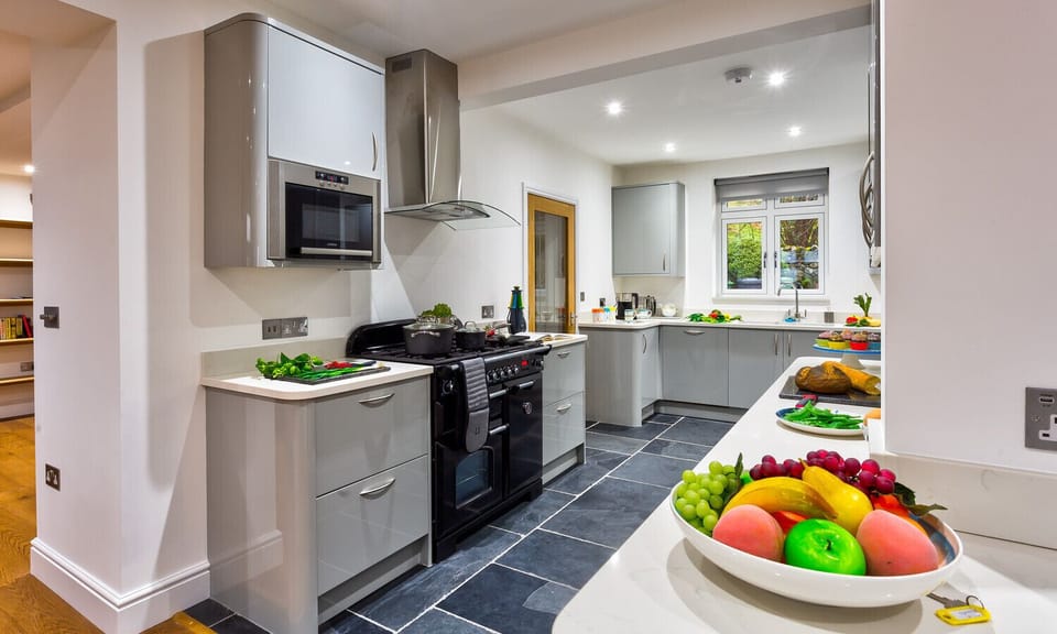 Fridge, dishwasher, cookware/dishes/utensils