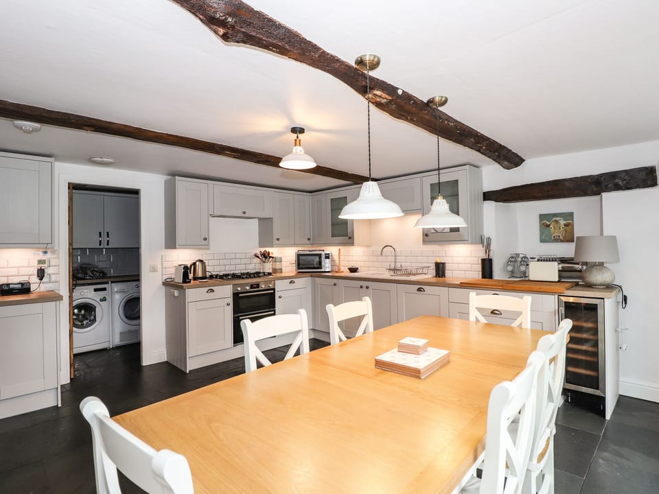 Fridge, dishwasher, cookware/dishes/utensils