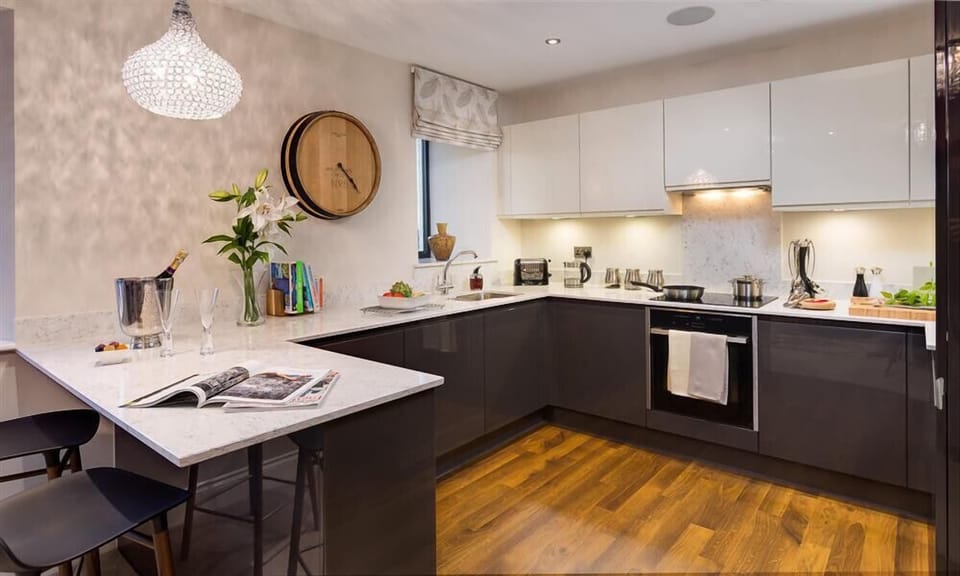 Fridge, dishwasher, cookware/dishes/utensils