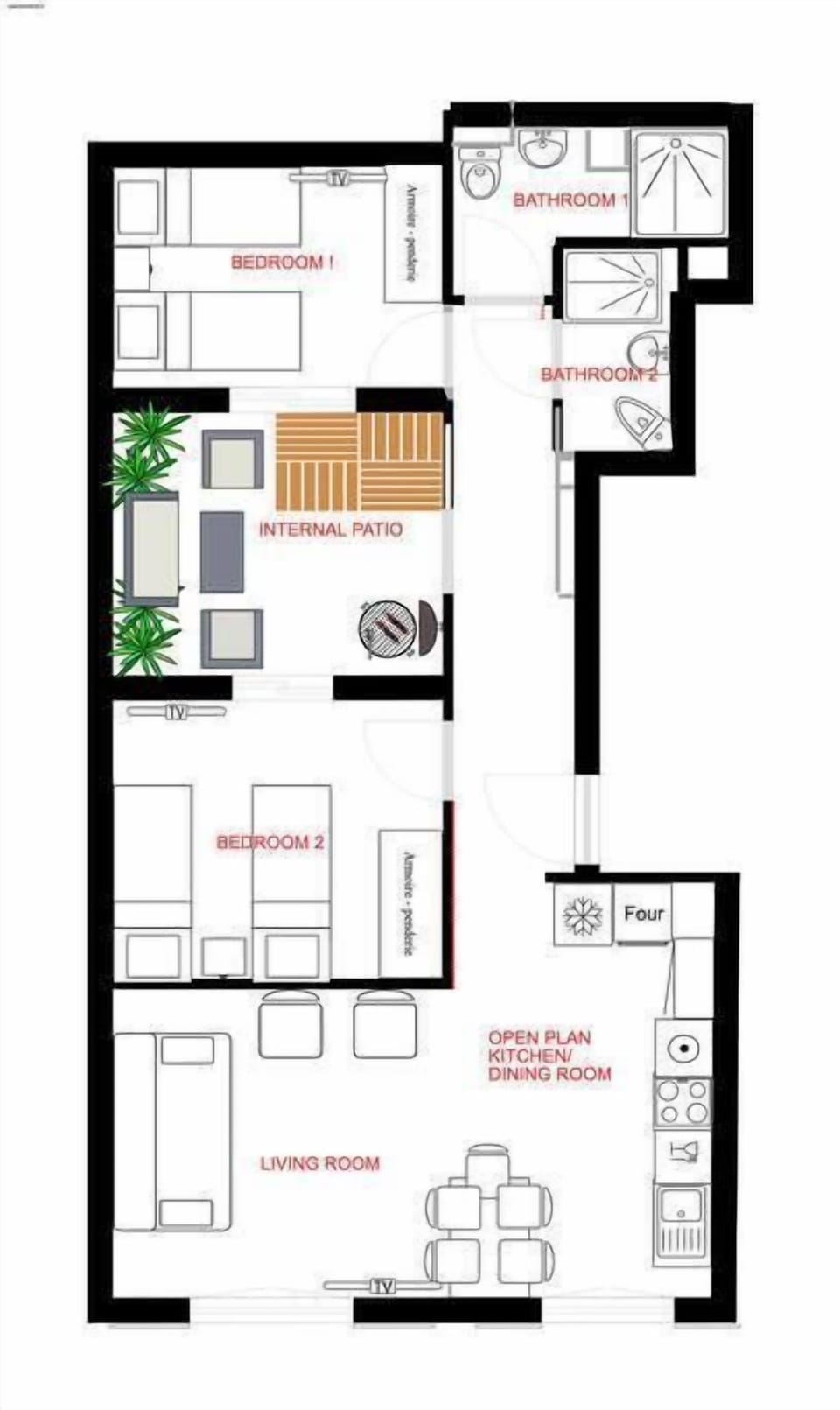 Two bedrooms and two bathrooms are spread across 62m2, including an internal patio, complete with BBQ and sofa bed