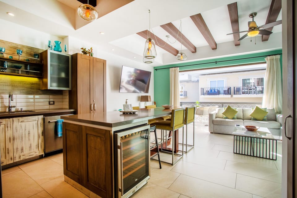 Open layout with kitchen and living area