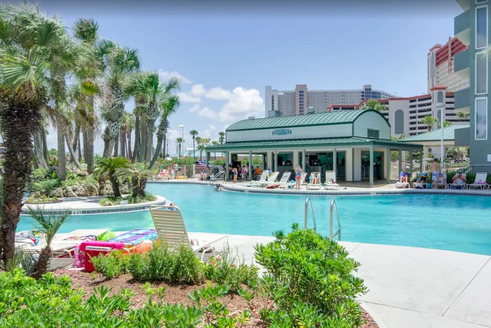 Grab some food and a beverage at the Hangout next to the massive lagoon pool