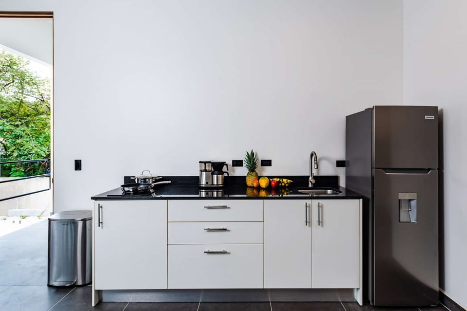 kitchen with induction stove, fridge and freezer