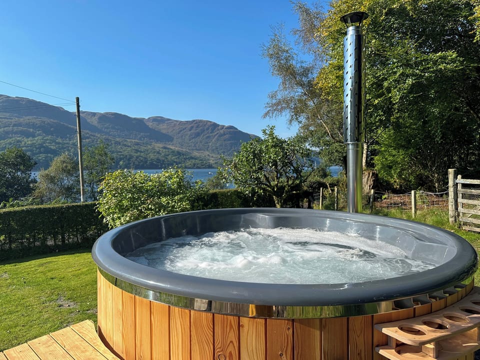 Looking towards Glendaruel from the eco-friendly Scandinavian style hot tub | Tigh-na-Creige, Colintraive