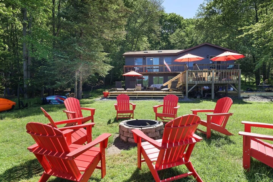 lakeside firepit with seating for 8.