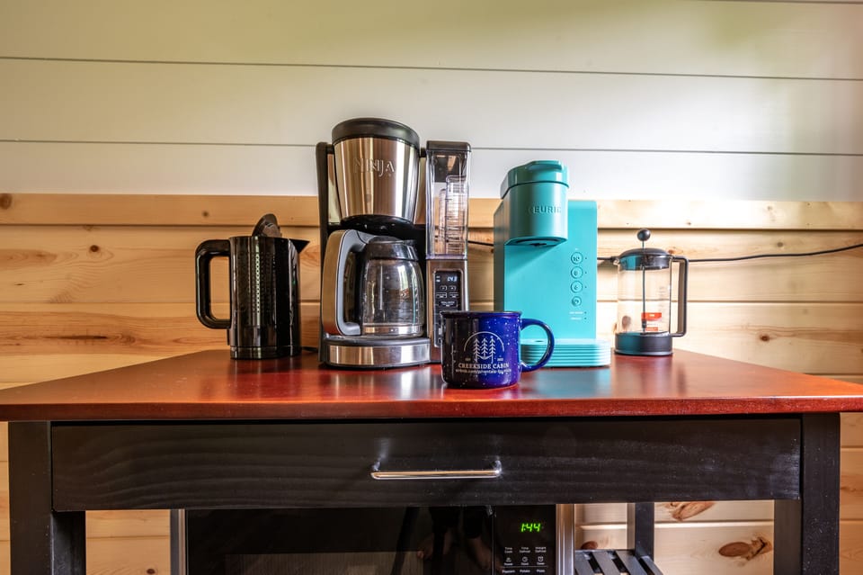 Start your day with provided ground coffee, kcups, tea, and all the fixings!