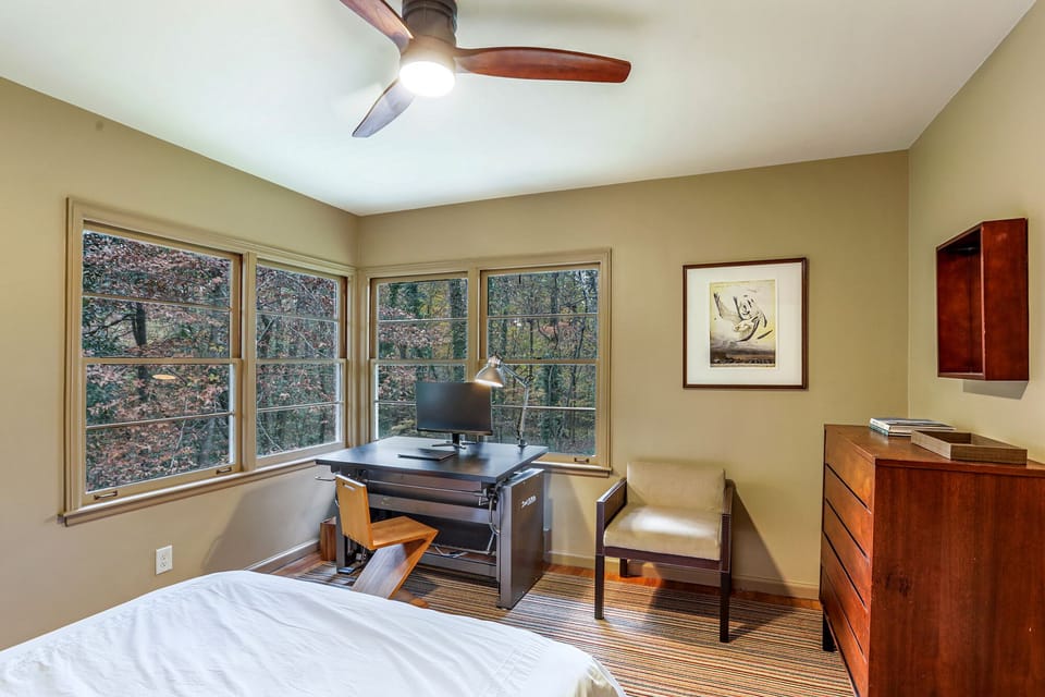 View the arboretum of 5 acres behind the house while you work.