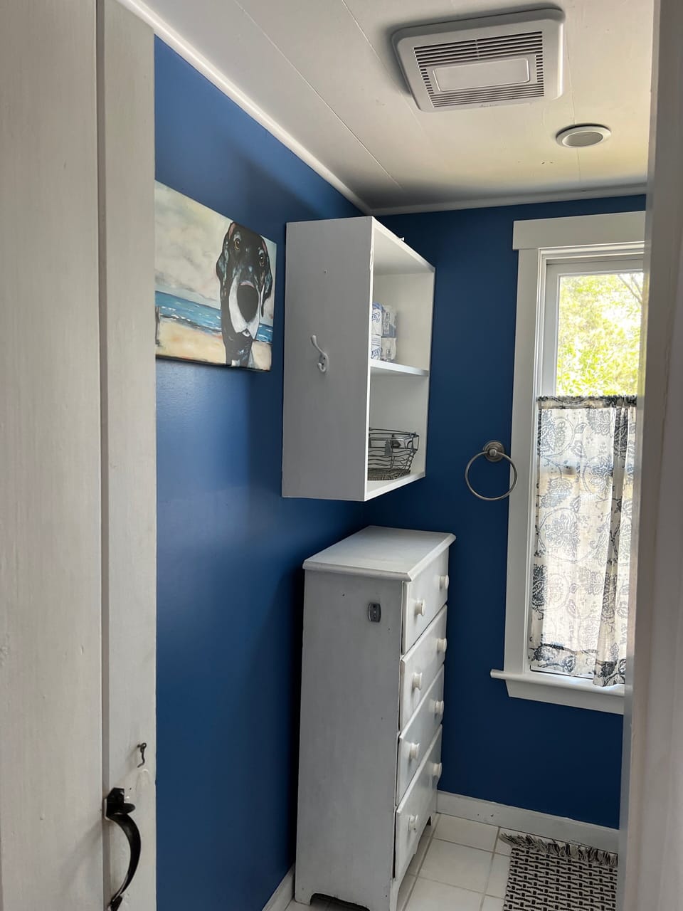 Full bathroom: toilet, vanity sink, shower, mirror and chest of drawers