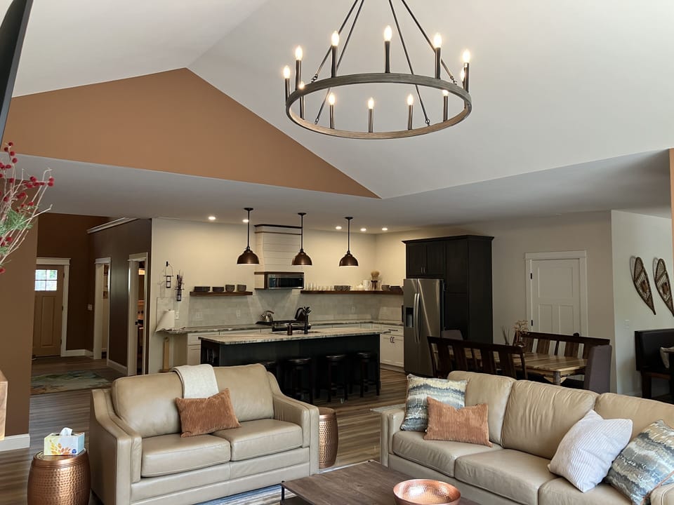 Open floor plan for great room, kitchen and dining area