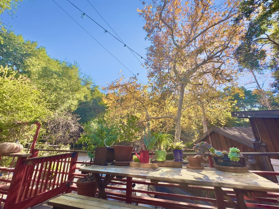 Long  table on front porch for outdoor dinning