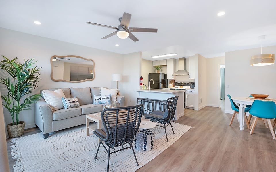 living with pull-out sofa, dining and kitchen