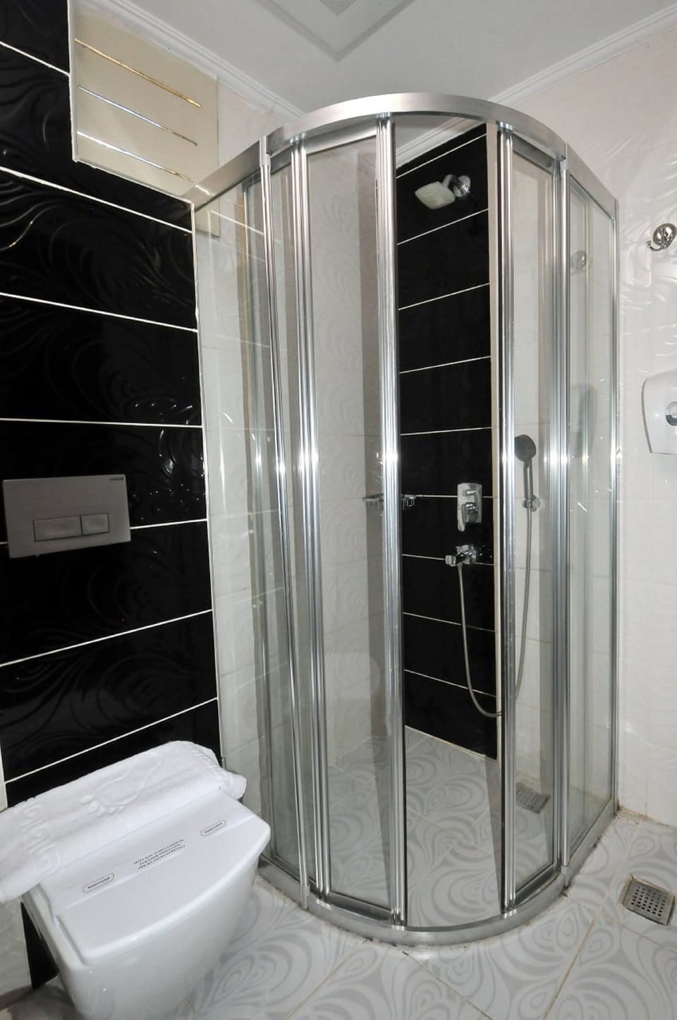 Shower, rainfall showerhead, hair dryer, soap