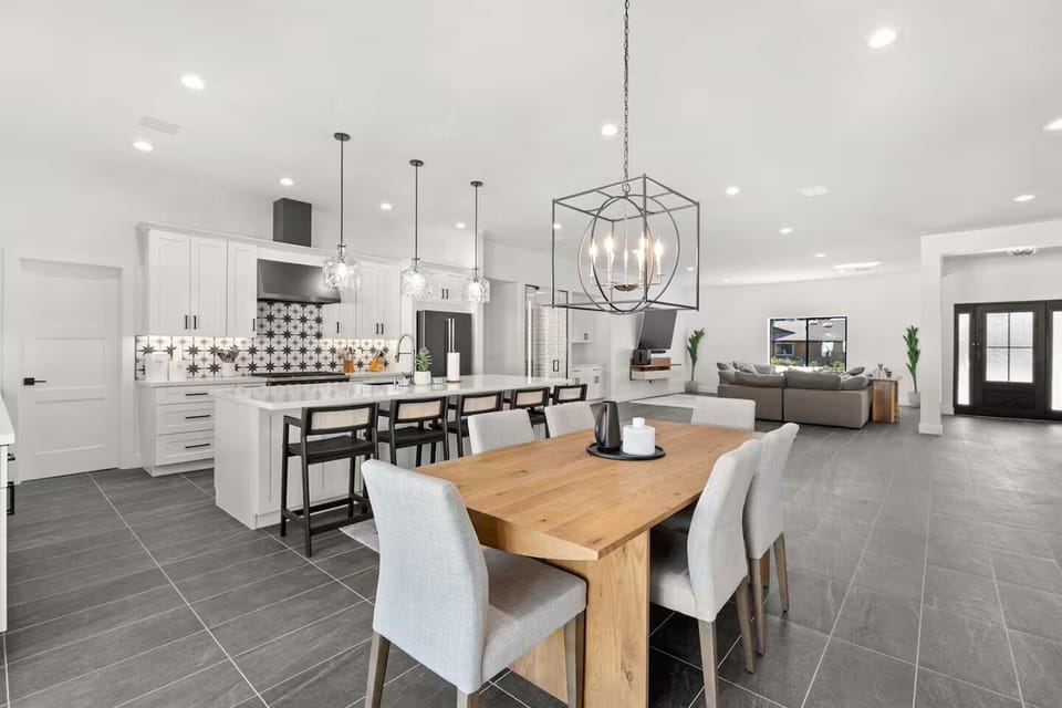 Island seating flows to the dining table