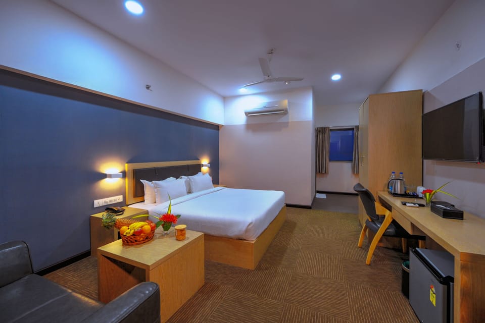 Premium bedding, memory foam beds, desk, laptop workspace