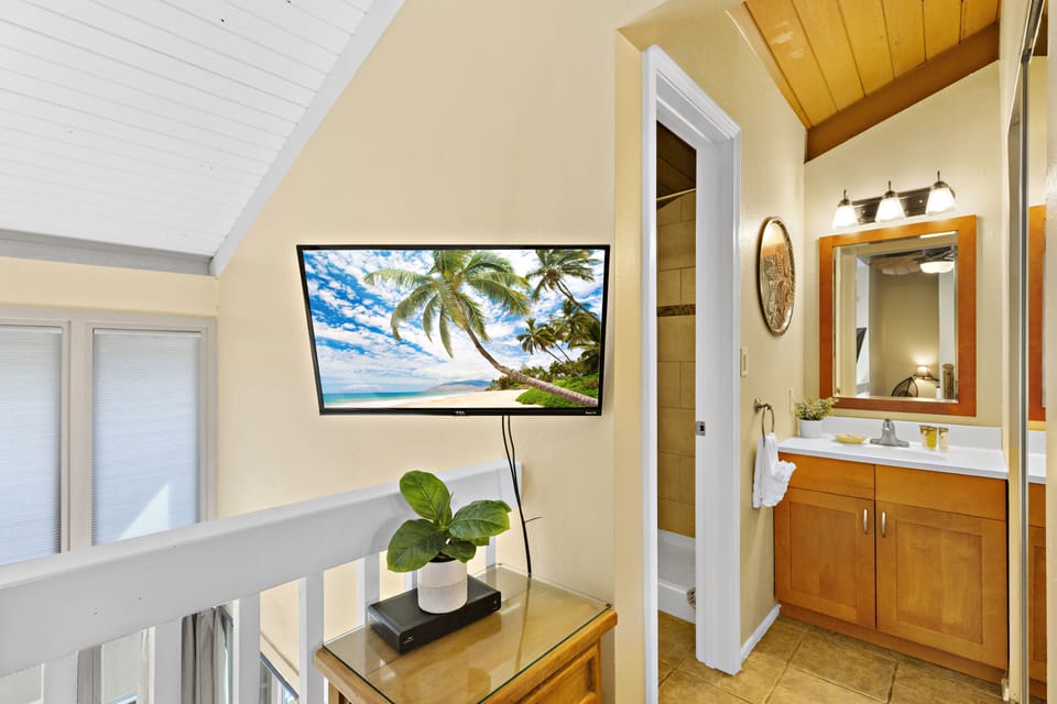 vanity and private shower area - pocket door
