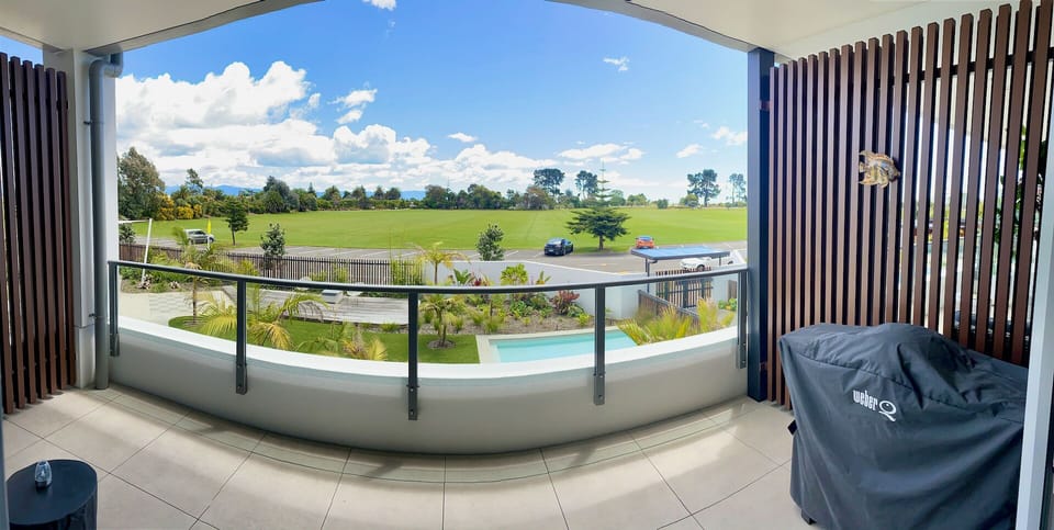 Views from balcony over pool area
