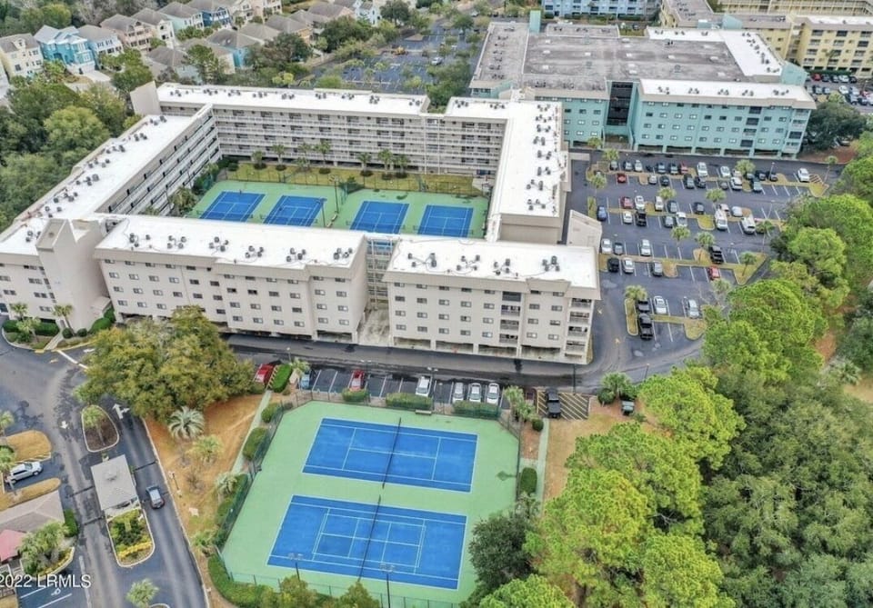 Tennis courts lined for pickleball.