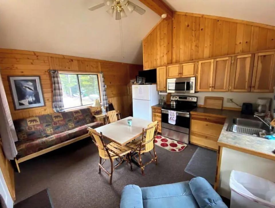 Main room with futon couch, dining table, and recliner