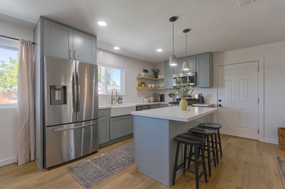 Brand new kitchen with all new stainless steel appliances.