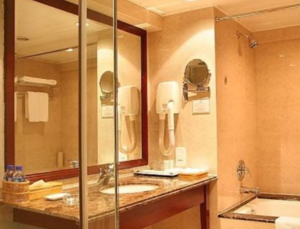 Combined shower/tub, free toiletries, hair dryer, bathrobes