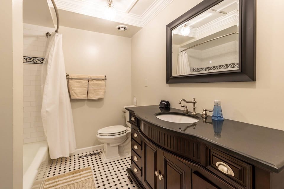 The en-suite bath in the Anne Arundel room has a combo shower/bath and large vanity.