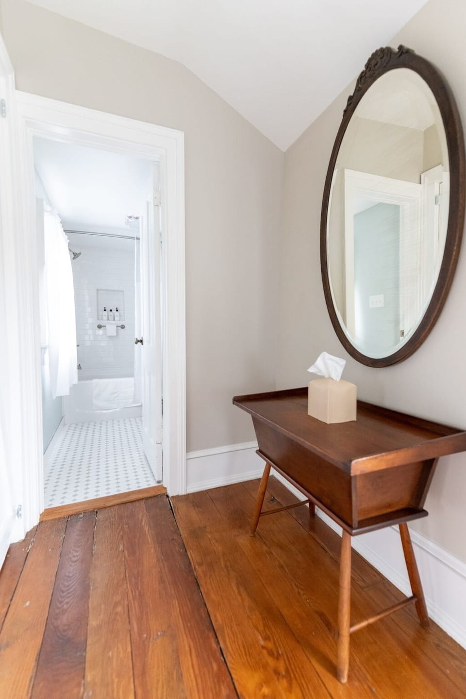 An extra getting ready space just outside the full bathroom in the main house.
