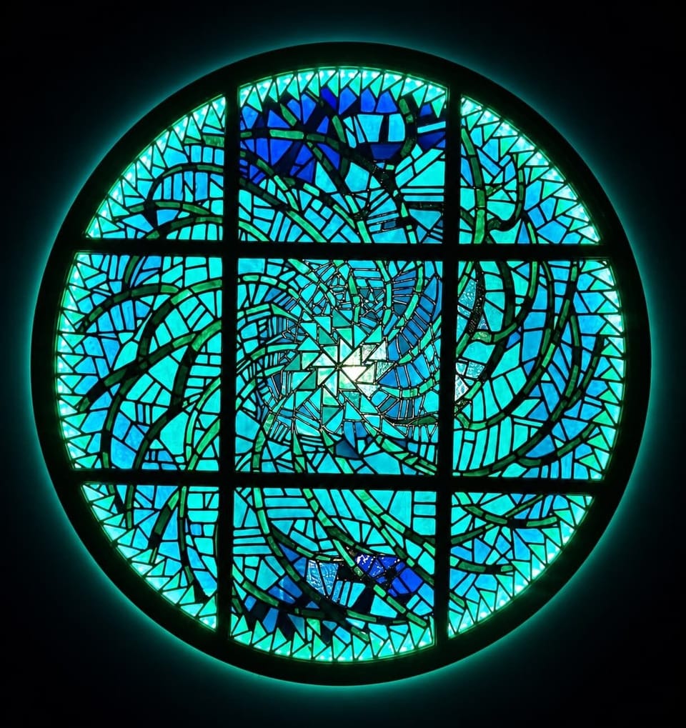 Sanctuary Artistic Stained Glass Window with Vibrant Ocean-Inspired Mosaic Detail & Unique Resort Character — Private Spaces, Good Life Vacation, Party Room Rental, Places to Rent Out, Goodlife Events & Venue Rentals San Diego