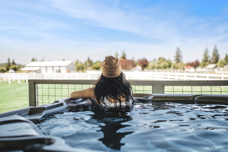 Soak after a hike in the covered hot tub, kept above 100F (38C) year round. 
