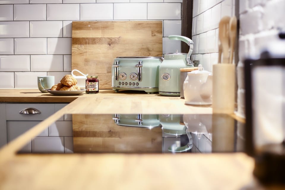 The kitchen worktop at White Cross Cottage, Devon