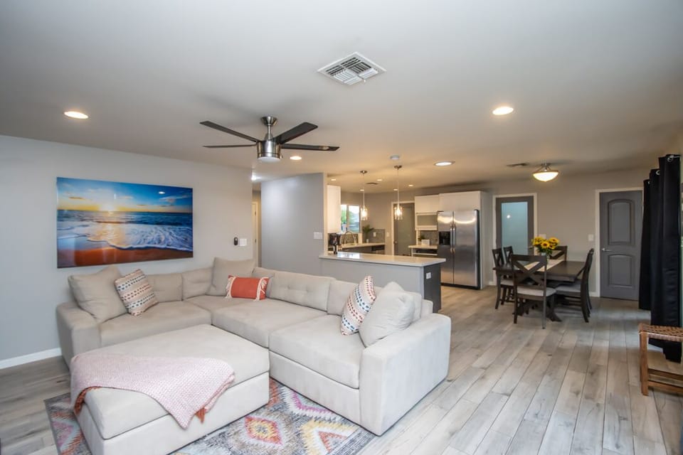 Huge comfy couch with 70 in SMART TV and fast wifi. And cozy bean bag
