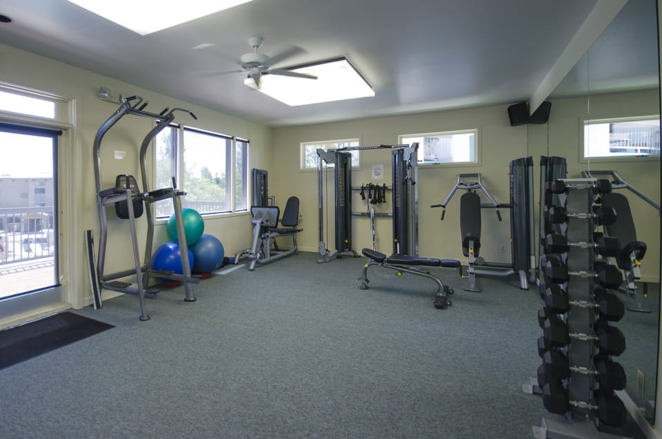 Stay active in this well-equipped fitness center featuring modern machines, free weights, and stability balls—all bathed in natural light to energize your workouts.