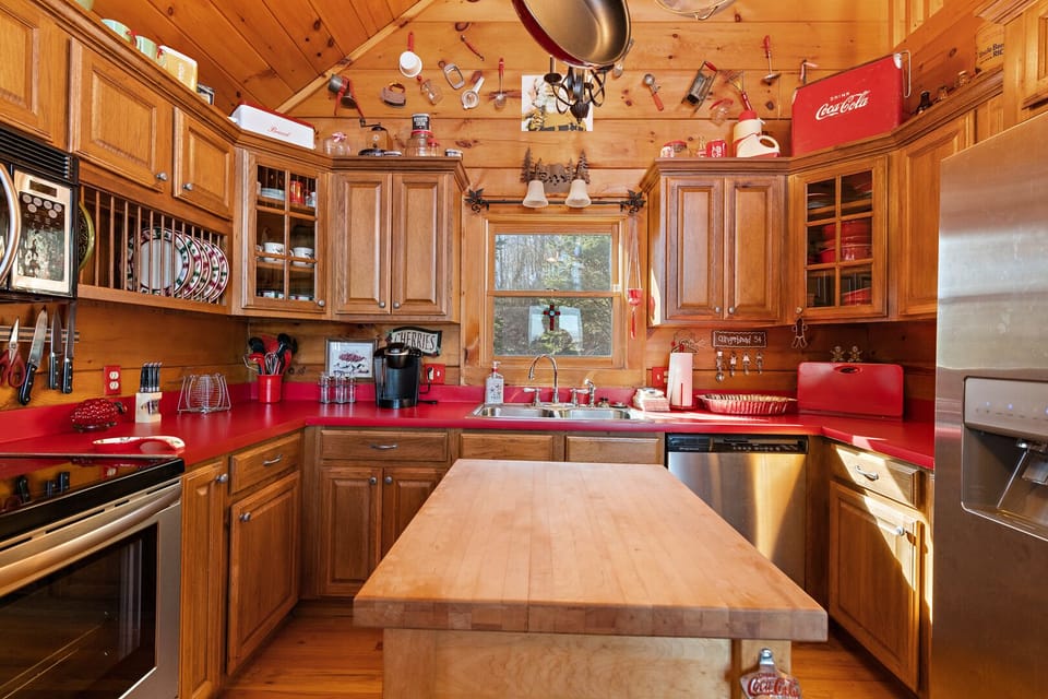 Kitchen with Center Wood Top Block and Stainless Appliances