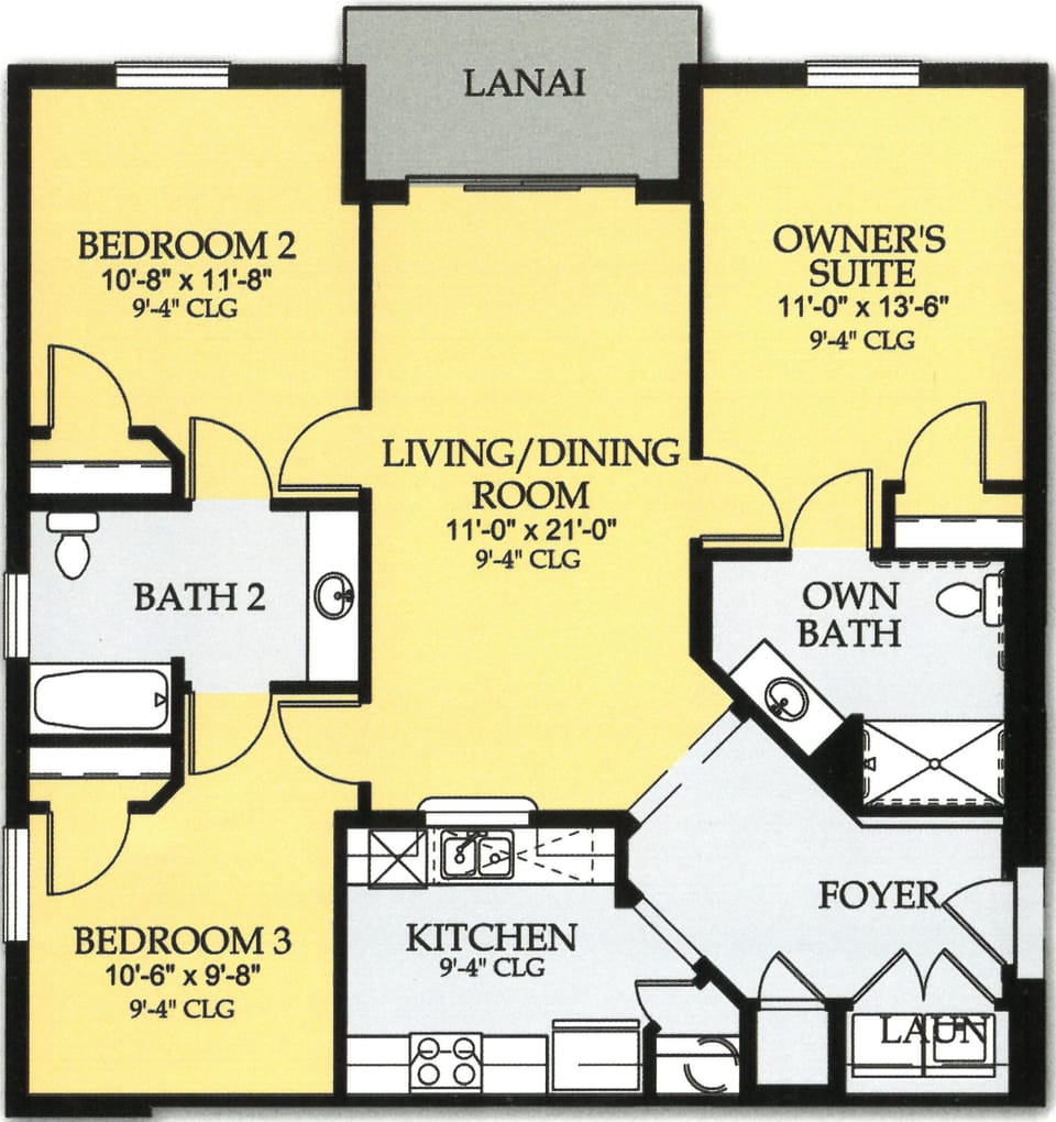 Floorplan of the 1247 sq feet / 116 m2, three bedroom, two bathroom condo
