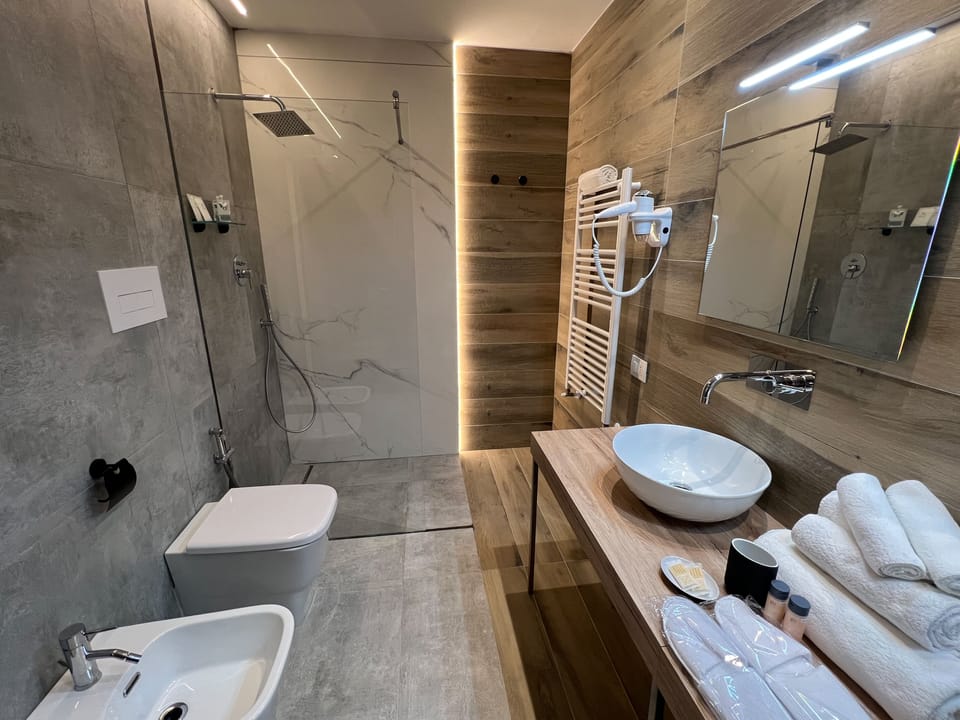 Rainfall showerhead, bidet, towels