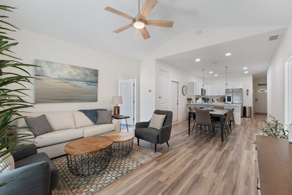 Comy cozy living room to hang out or watch TV on a 65 inch Roku