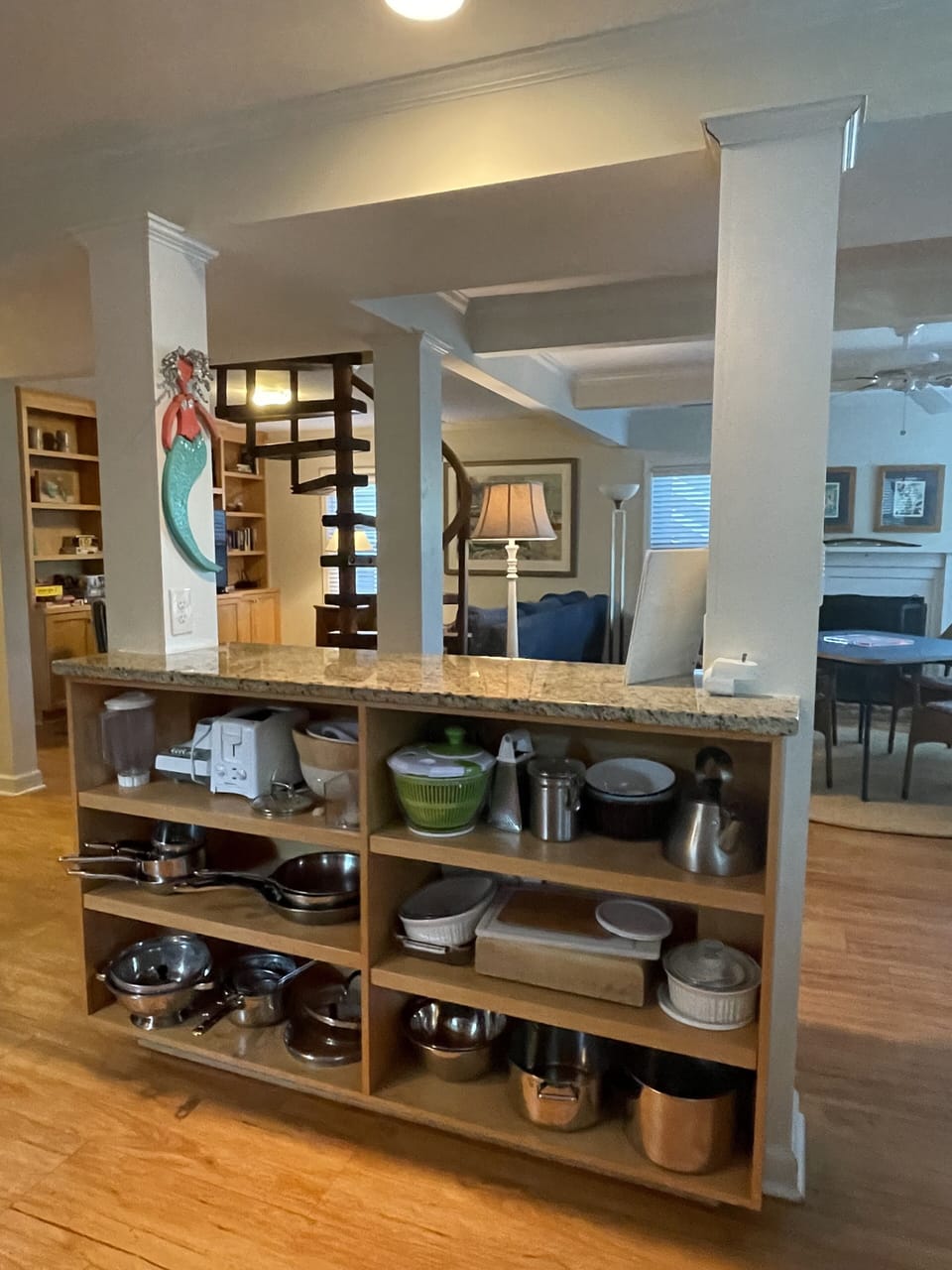 Kitchen cookware and equipment storage.