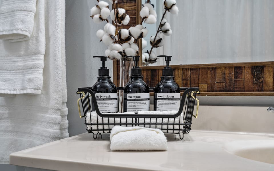 Complimentary body wash, shampoo, and conditioner in our bathsrooms.