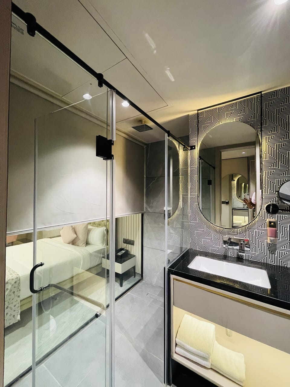 Shower, towels, soap, shampoo