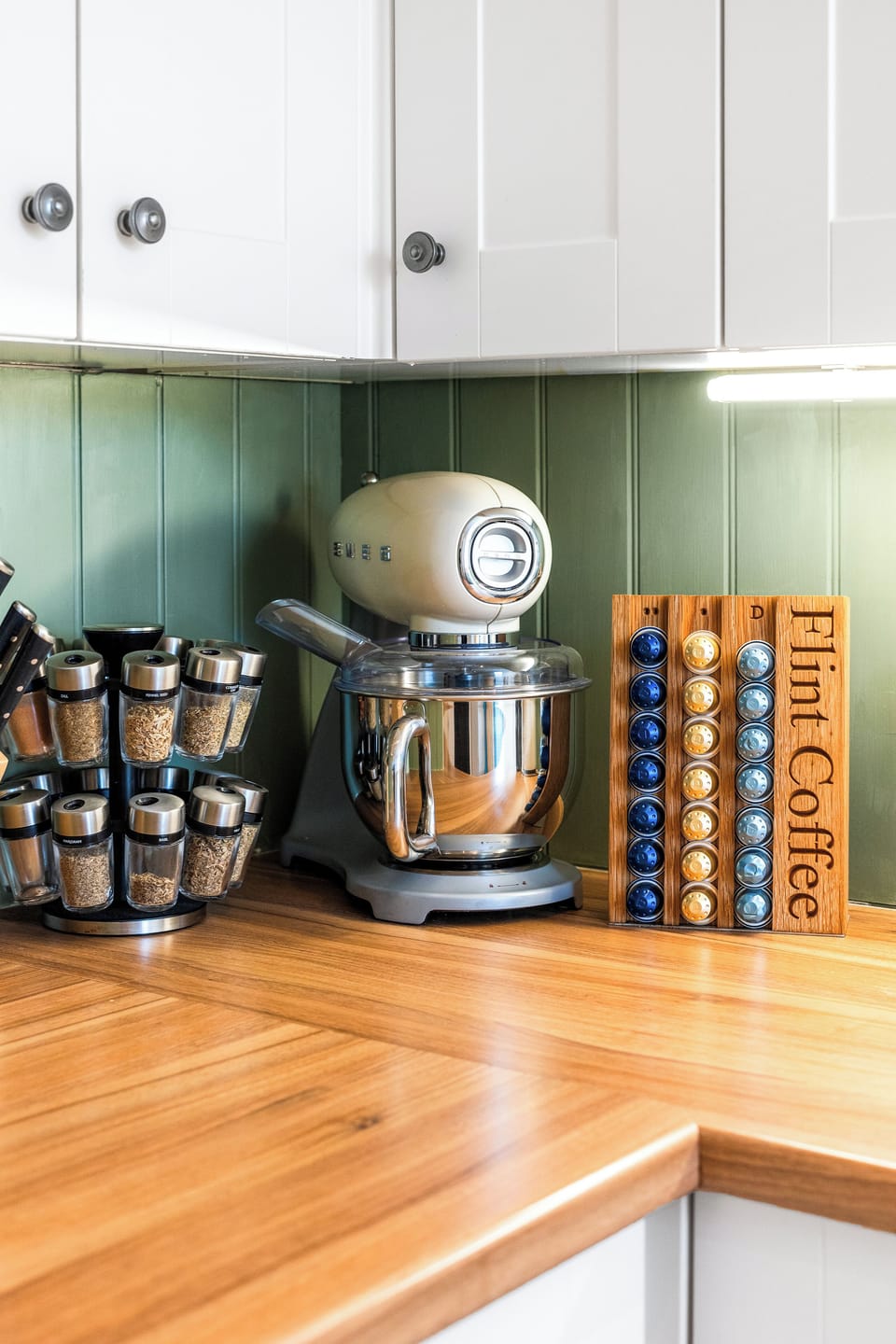 Smeg mixer, fair-trade coffee pods, and well-stocked spice rack