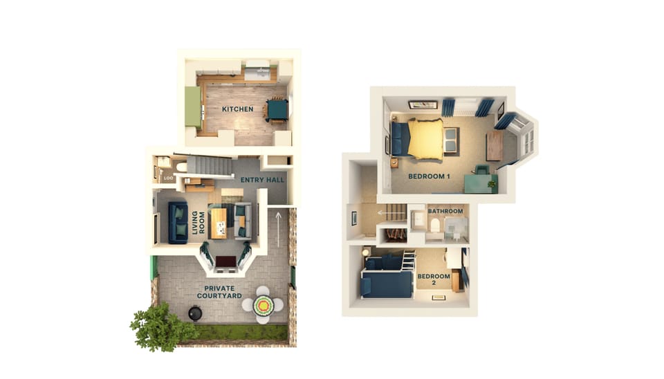 Floor plan – two bedrooms upstairs, living areas downstairs.