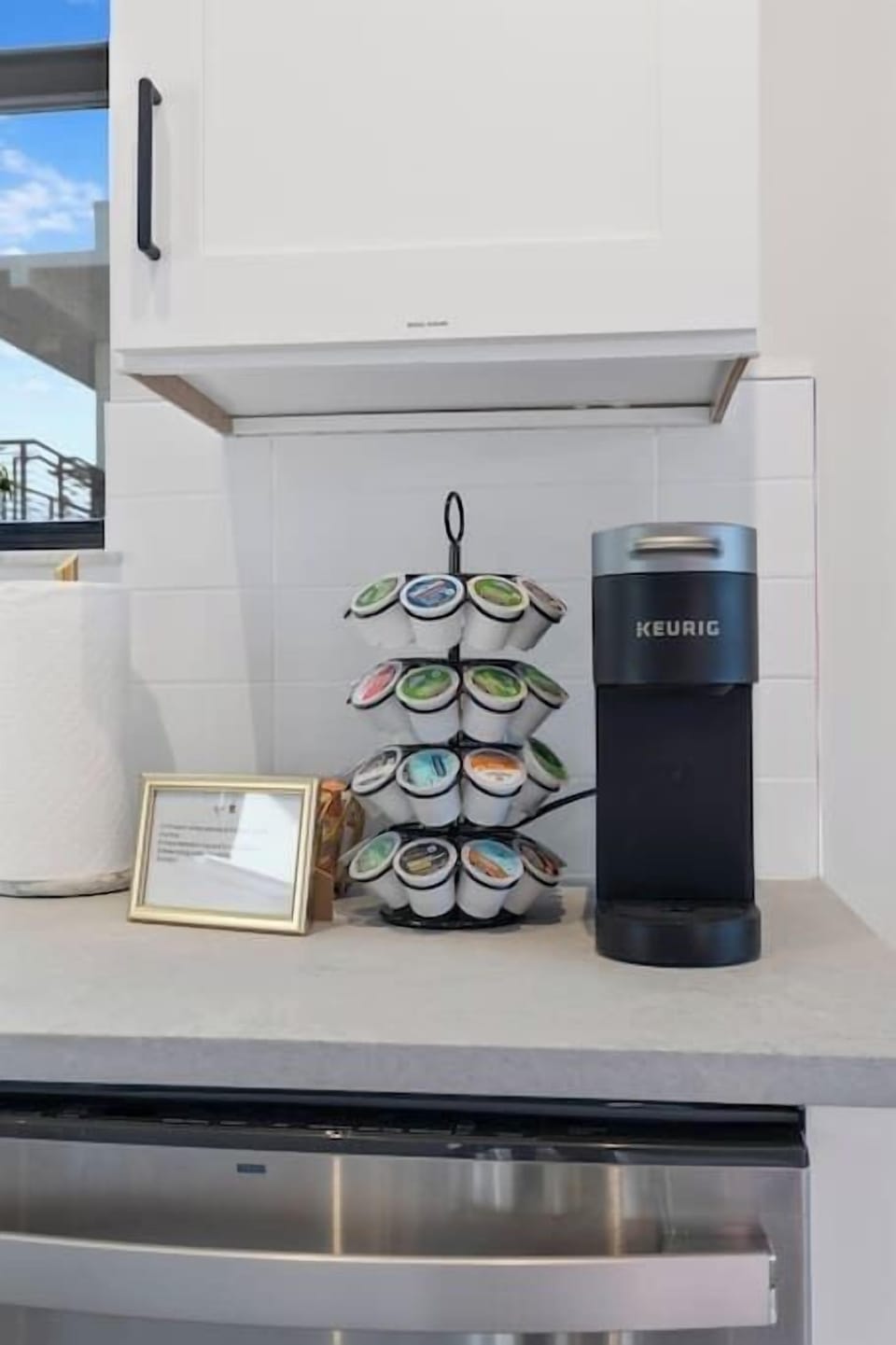 [Coffee Station] - Keurig K-cup brewer; assortment of coffees, teas, and hot chocolate; liquid creamer; sugar