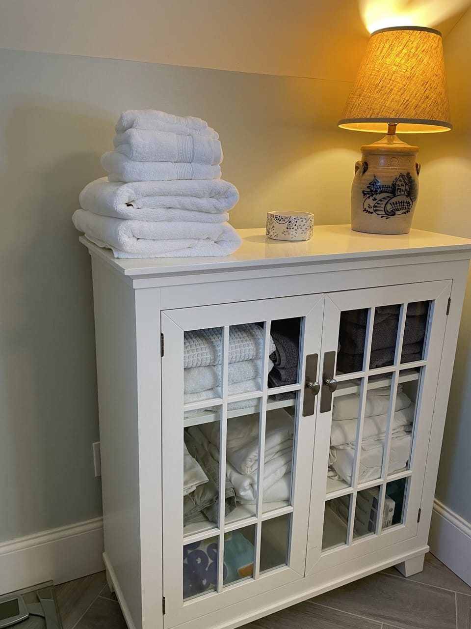 Towel, bedding, and sundries. storage in bathroom