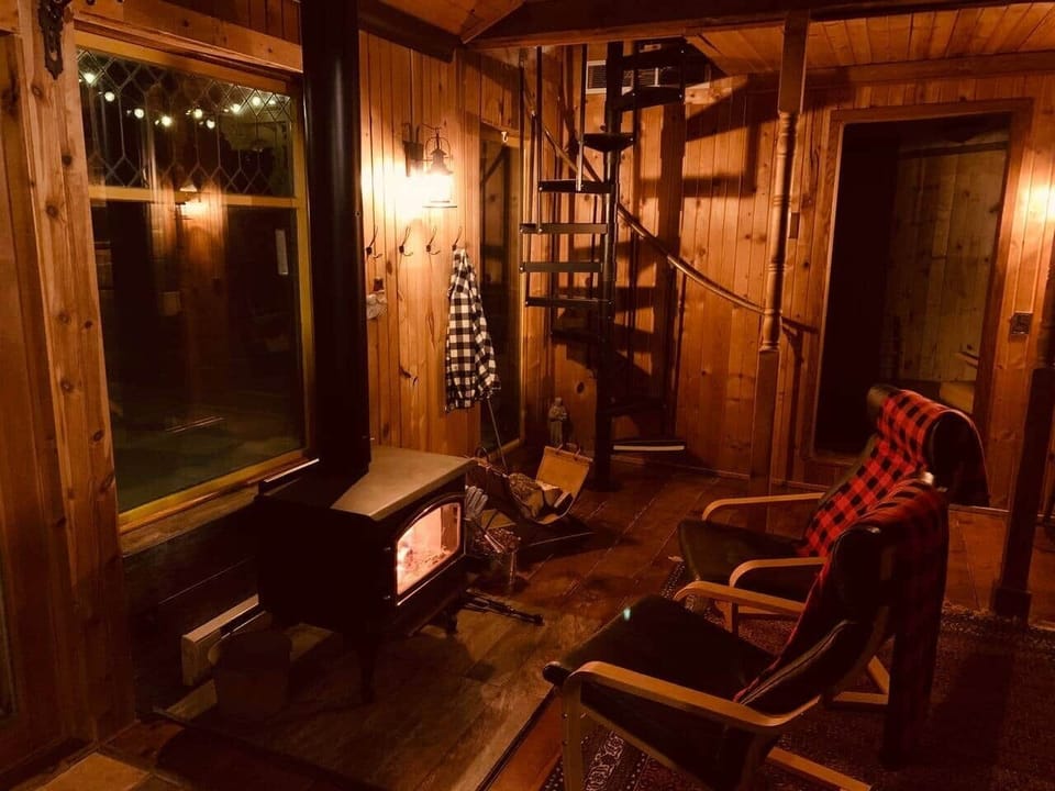 Relax by the fire with a favorite drink or book. 